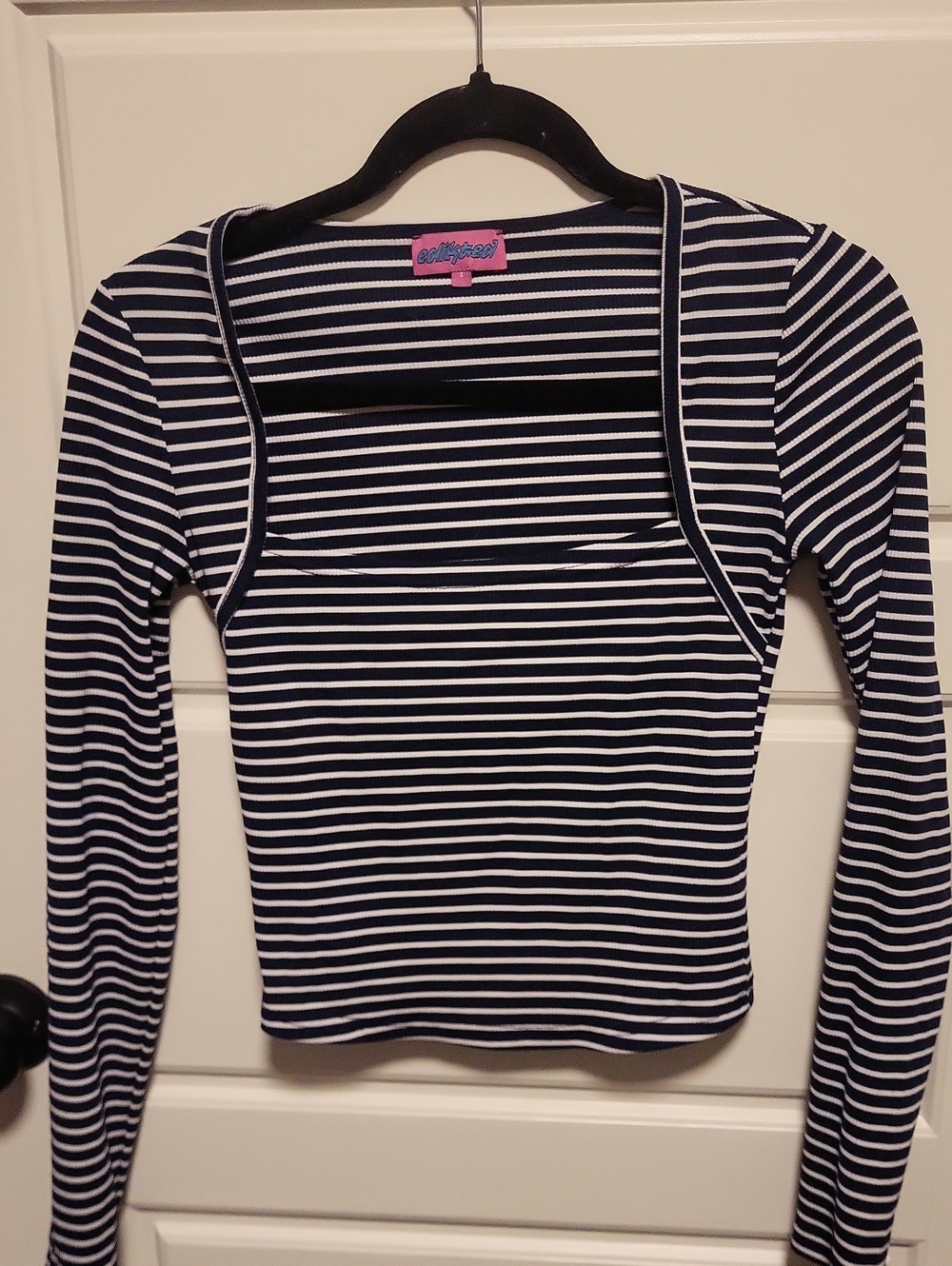 Edikted Navy and White Striped Square-Neck Long Sleeve Top